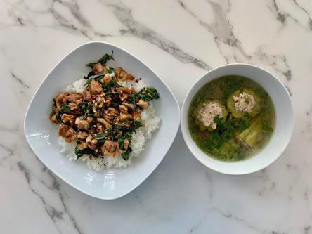 Chicken Basil with Bitter Melon Soup